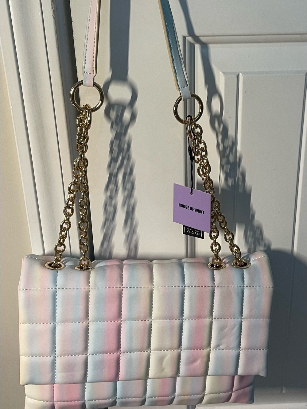 House of Want Pastel Quilted Shoulder Bag (Pink Blue Yellow Chain Purse)